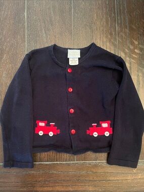 Lullaby Set Navy Cardigan with Red Train Appliqué - Kids